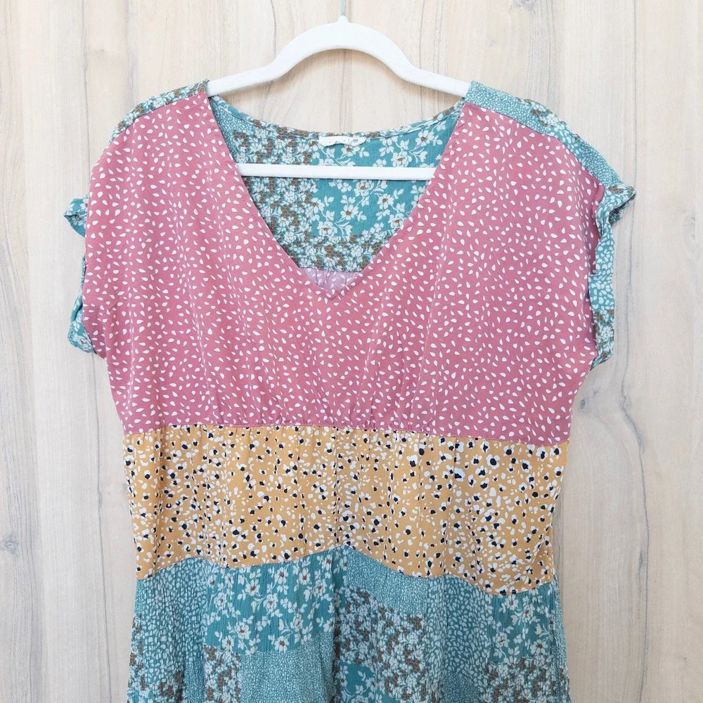 Kori Floral Parchwork Mini Dress Medium Multicolor Tiered Boho Cottage Summer - Picture 3 of 9